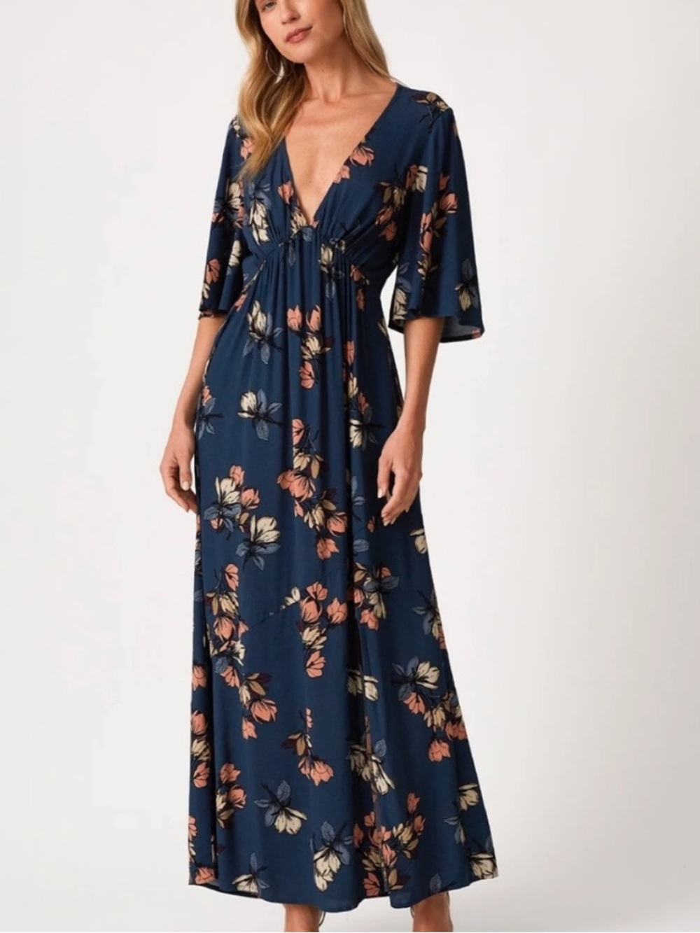 lovestitch Dark Teal Floral Maxi Dress with Pink and Cream Blooms M